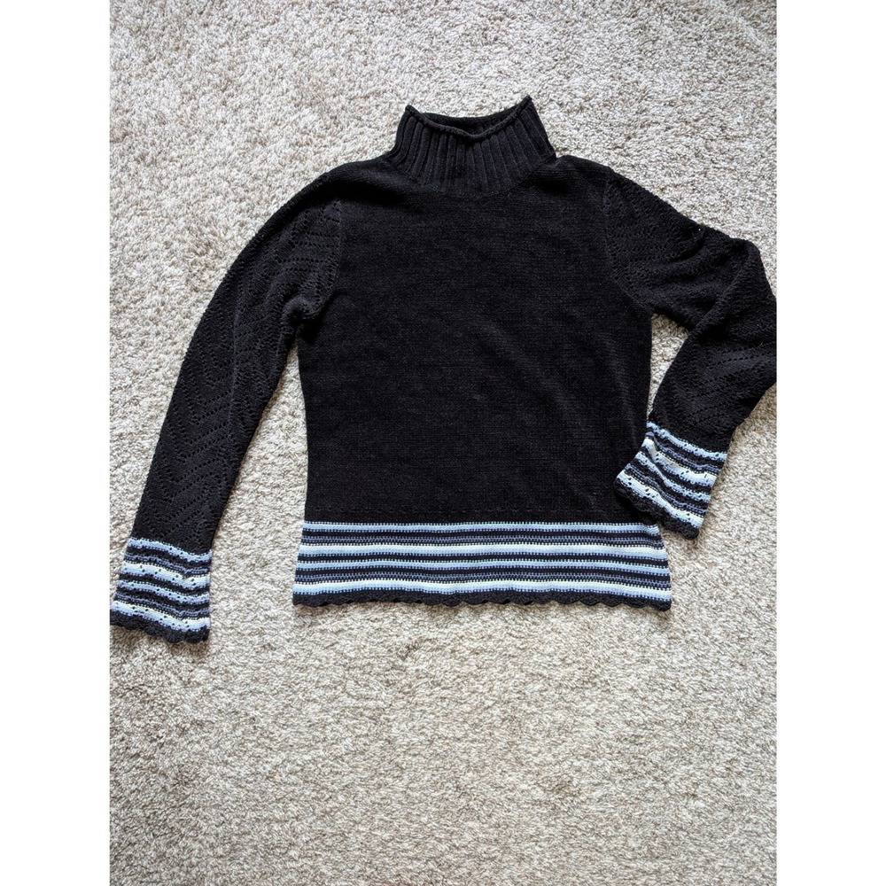 Covington Mock Neck Sweater Women S Black Blue Striped Y2K Chenille Open Knit